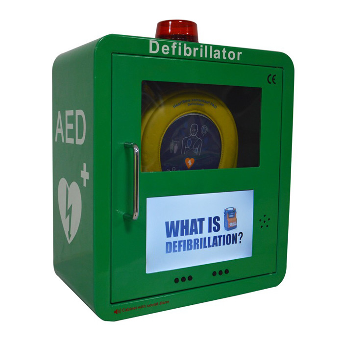 Video Ekranlı ve Alarm Sistemli Metal Çerçeve Duvara Monte AED Defibrilatör Dolabı